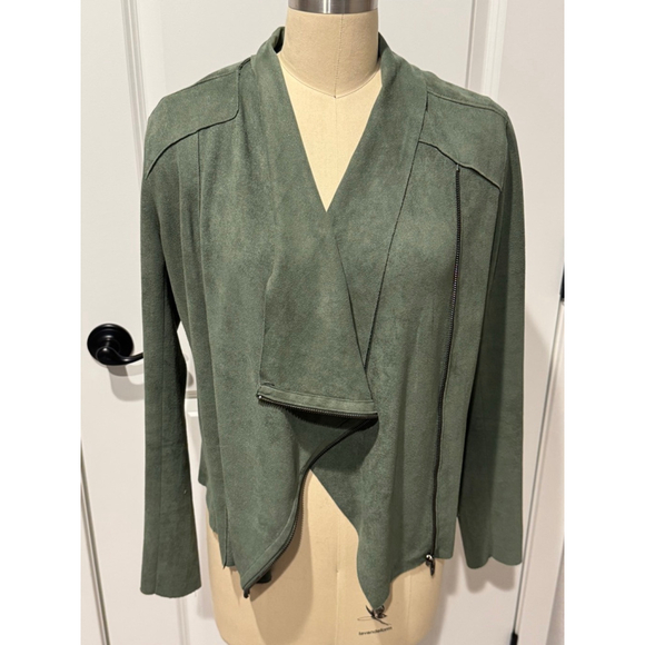 Women's [BLANKNYC] Green Faux Micro Suede Asymmetrical stretch moto Zip Jacket M - Picture 3 of 10